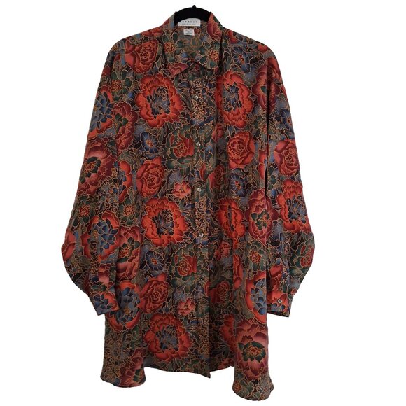 Vintage Compagnie Internationale EXPRESS 100% Silk Floral Tunic Blouse Flowy L - Picture 1 of 6